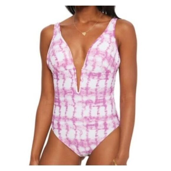 1789 Bar III Summer Stripes One Piece Swimsuit $88 Purple Fuchsia size L new - Picture 1 of 2